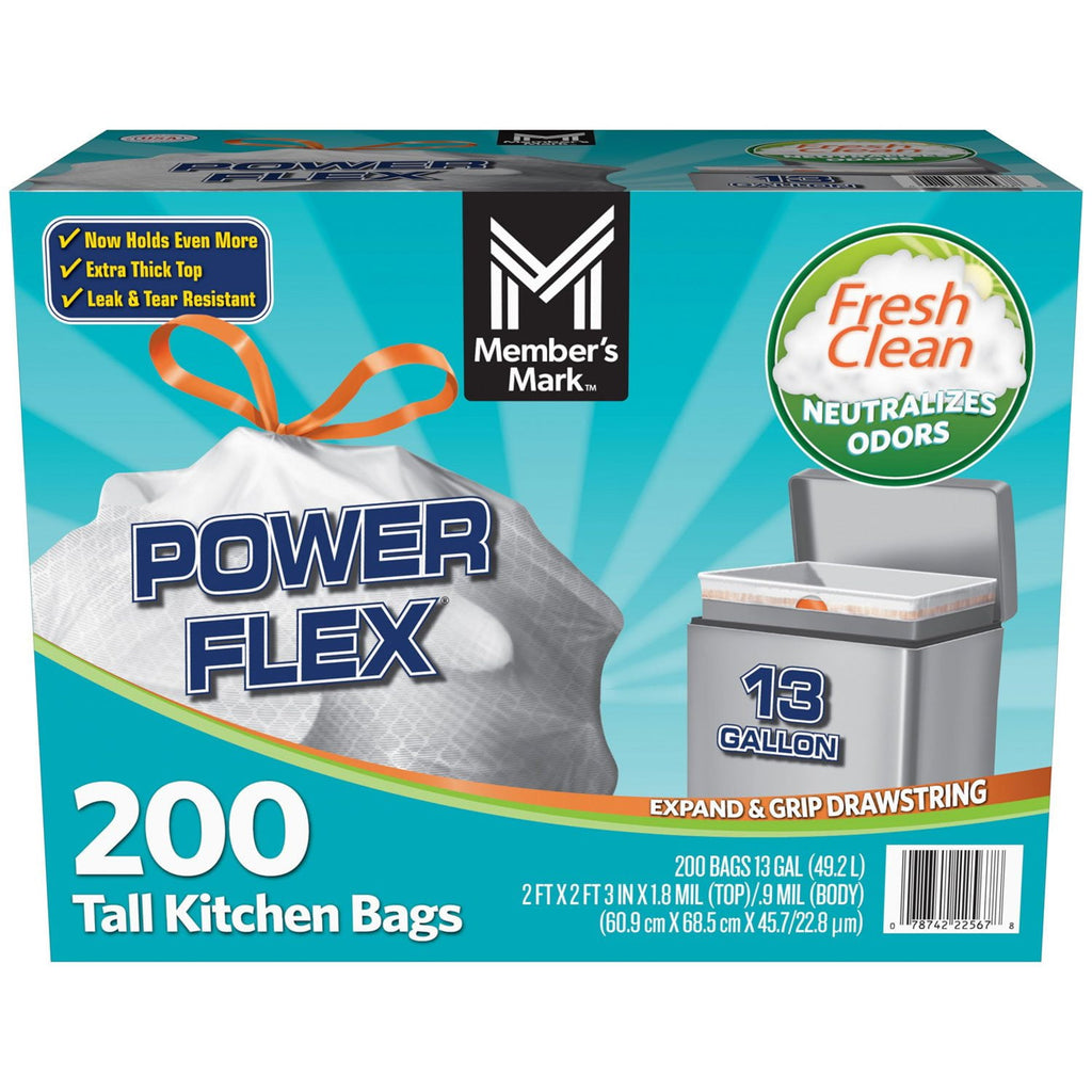 Member's Mark Power Flex Tall Kitchen Garbage Bags, Fresh Scent (13 gal., 200 ct.)