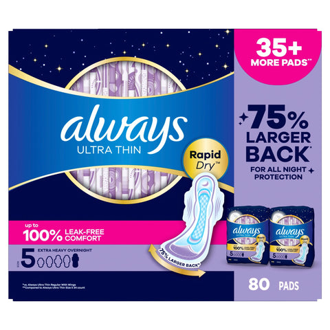 Always Ultra Thin Overnight Pads, Unscented - Size 5 (80ct.)