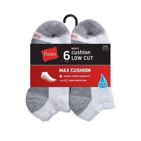 Hanes Ankle Socks 6-Pack Mens Max Cushion, Low-Cut (Sz6-12)