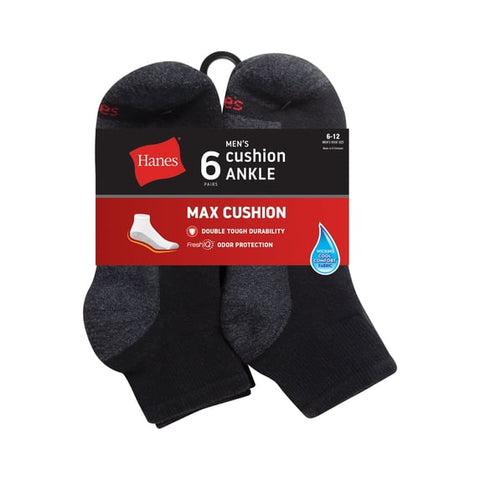 Hanes Ankle Socks 6-Pack Mens Max Cushion, Ankle (Sz6-12)