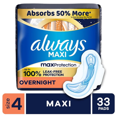 Always Extra-Heavy Overnight Maxi Pads with Flexi-Wings, Size 4 (33ct.)