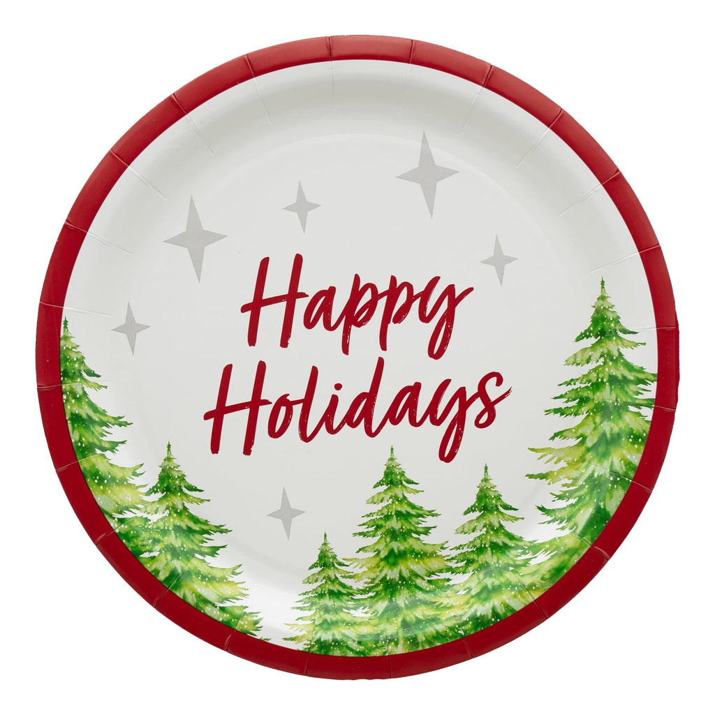 Holiday Time 9" Round Disposable Christmas Plates, Happy Holiday Pine Trees Tree (20 ct.)