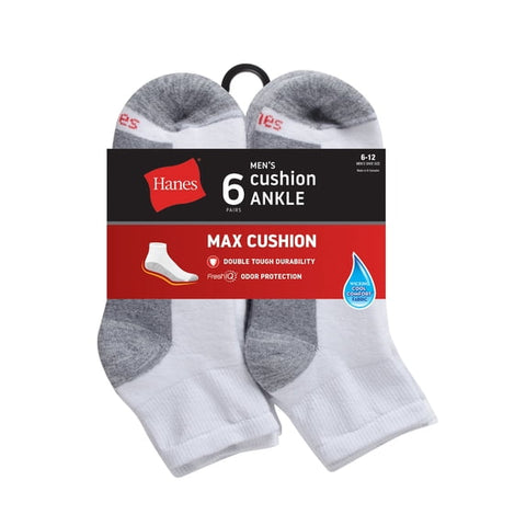 Hanes Ankle Socks 6-Pack Mens Max Cushion, Ankle (Sz6-12)