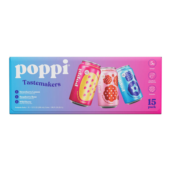 poppi Prebiotic Soda Tastemakers Variety, (12 fl. oz., 15 pk)