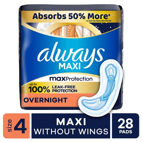 Always Extra-Heavy Overnight Maxi Pads without Flexi-Wings, Size 4 (28ct.)