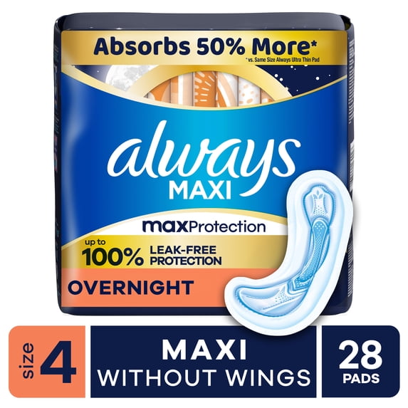 Always Extra-Heavy Overnight Maxi Pads without Flexi-Wings, Size 4 (28ct.)