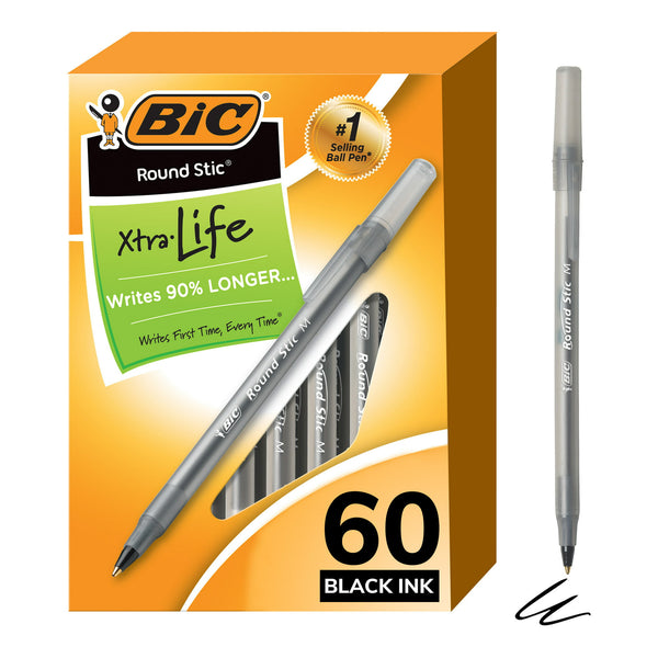 BIC Round Stic Xtra Life Ballpoint Pens, Medium Point (1.0mm), Black Pens (60ct.)