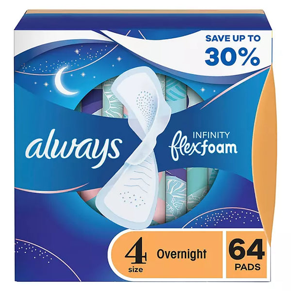 Always Infinity FlexFoam Overnight Pads w/Wings, Size 4, Unscented (64ct.)