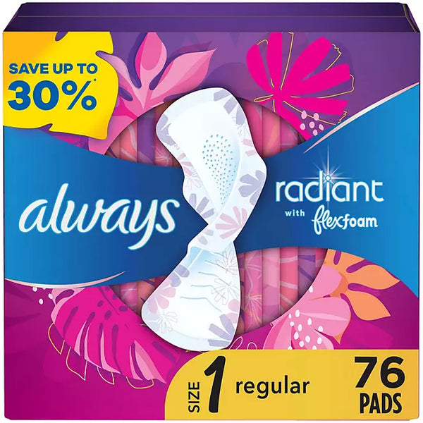Always Radiant Regular Pads with Flexi-Wings, Scented, Size 1 (76 ct.)
