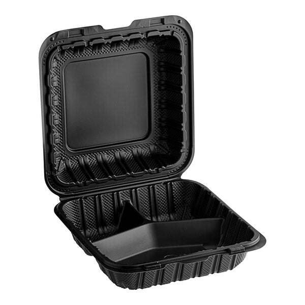 Plastic Hinged Food Container 3-Compartment, 8x8” (150ct.)