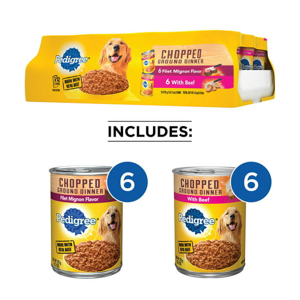 Pedigree Chopped Ground Dinner Variety Adult Wet Dog Food, Beef & Filet Mignon (12-Pack)