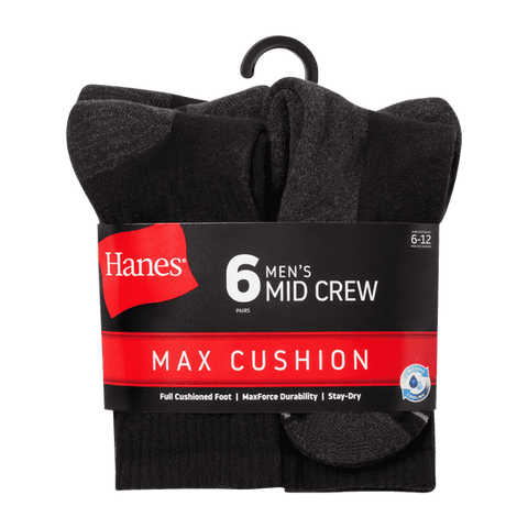 Hanes Ankle Socks 6-Pack Mens Max Cushion, Crew (Sz6-12)
