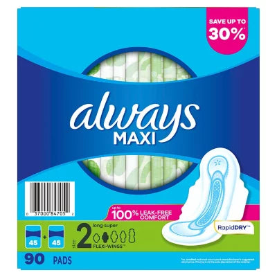 Always Extra-Heavy Overnight Maxi Pads with Flexi-Wings Size 2, (90ct.)