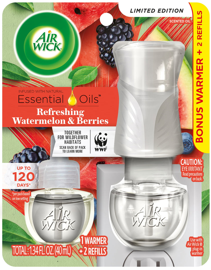 Air Wick Plug in Scented Oil Starter Kit (Warmer + 2 Refills), Watermelon & Berries