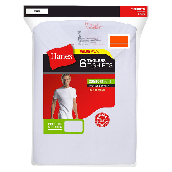 Hanes Men's ComfortSoft White Crew Neck Tagless T-Shirt (6-Pack)