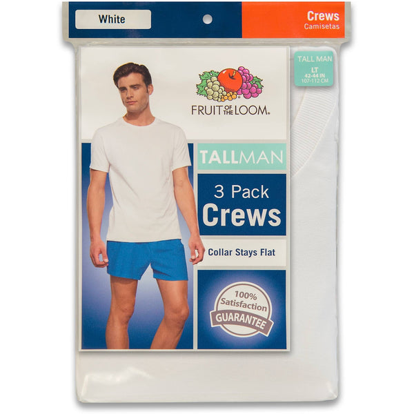 Fruit of the Loom Tall Men's Collection White Crews Extended Size, (3-Pack)