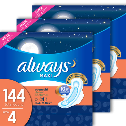 Always Maxi Overnight Pads w/Wings, Unscented, Size 4 (144ct.)