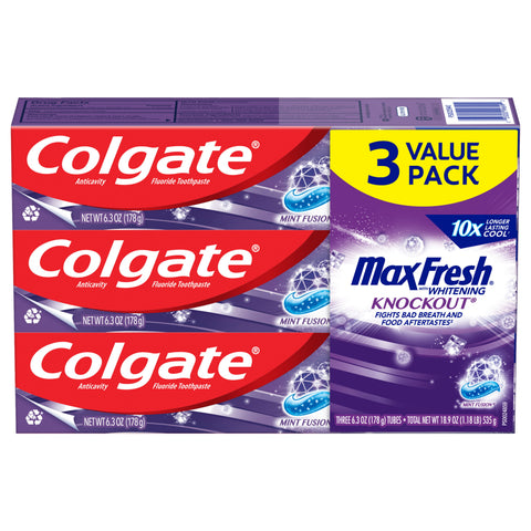 Colgate Max Fresh Knockout Toothpaste, Whitening Toothpaste w/Mini Breath Strips, Mint Fusion (3pk./6.3oz.)