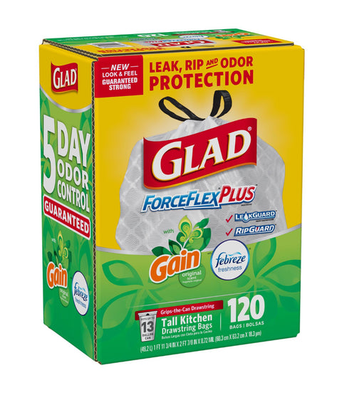 Glad ForceFlexPlus Tall Kitchen Drawstring Trash Bags, Various Scents (13 Gal.,120 Ct.)
