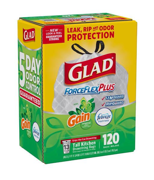 Glad ForceFlexPlus Tall Kitchen Drawstring Trash Bags, Various Scents (13 Gal.,120 Ct.)