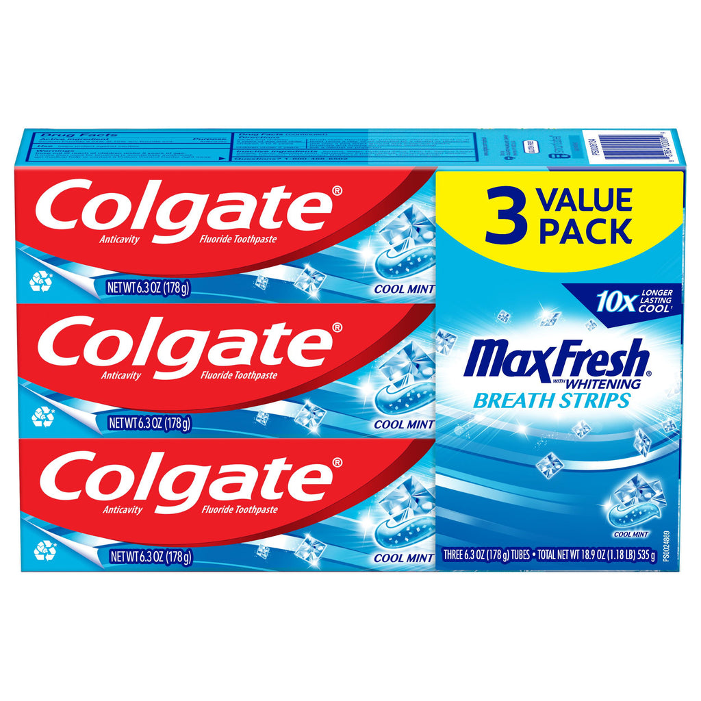Colgate Max Fresh Toothpaste, Whitening Toothpaste w/Mini Breath Strips, Cool Mint (3pk./6.3oz.)