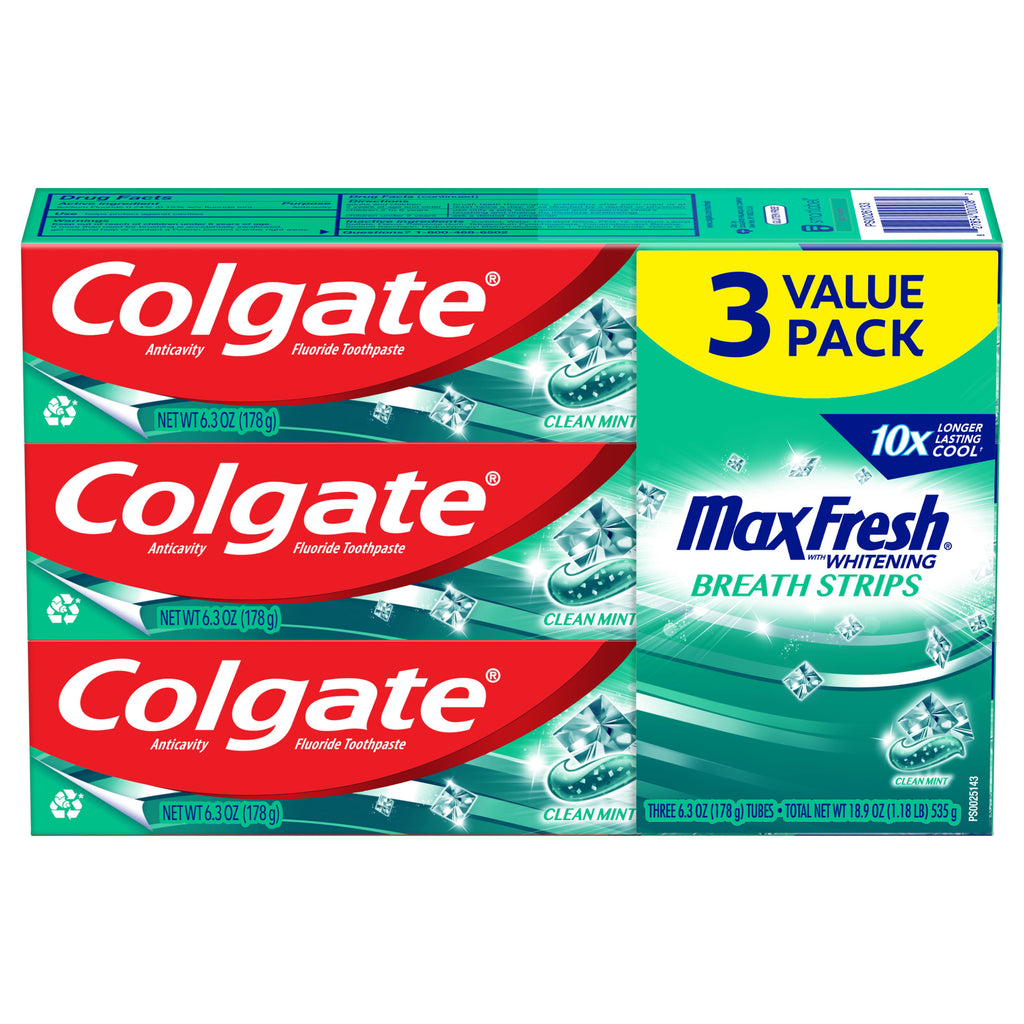 Colgate Max Fresh Knockout Toothpaste, Whitening Toothpaste w/Mini Breath Strips, Clear Mint (3pk./6.3oz.)