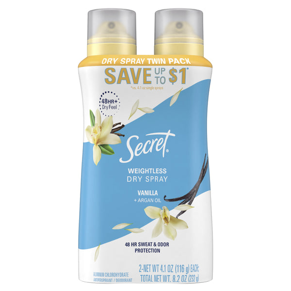 Secret Dry Spray Deodorant, Vanilla & Argan Oil (4.1oz., 2pk.)