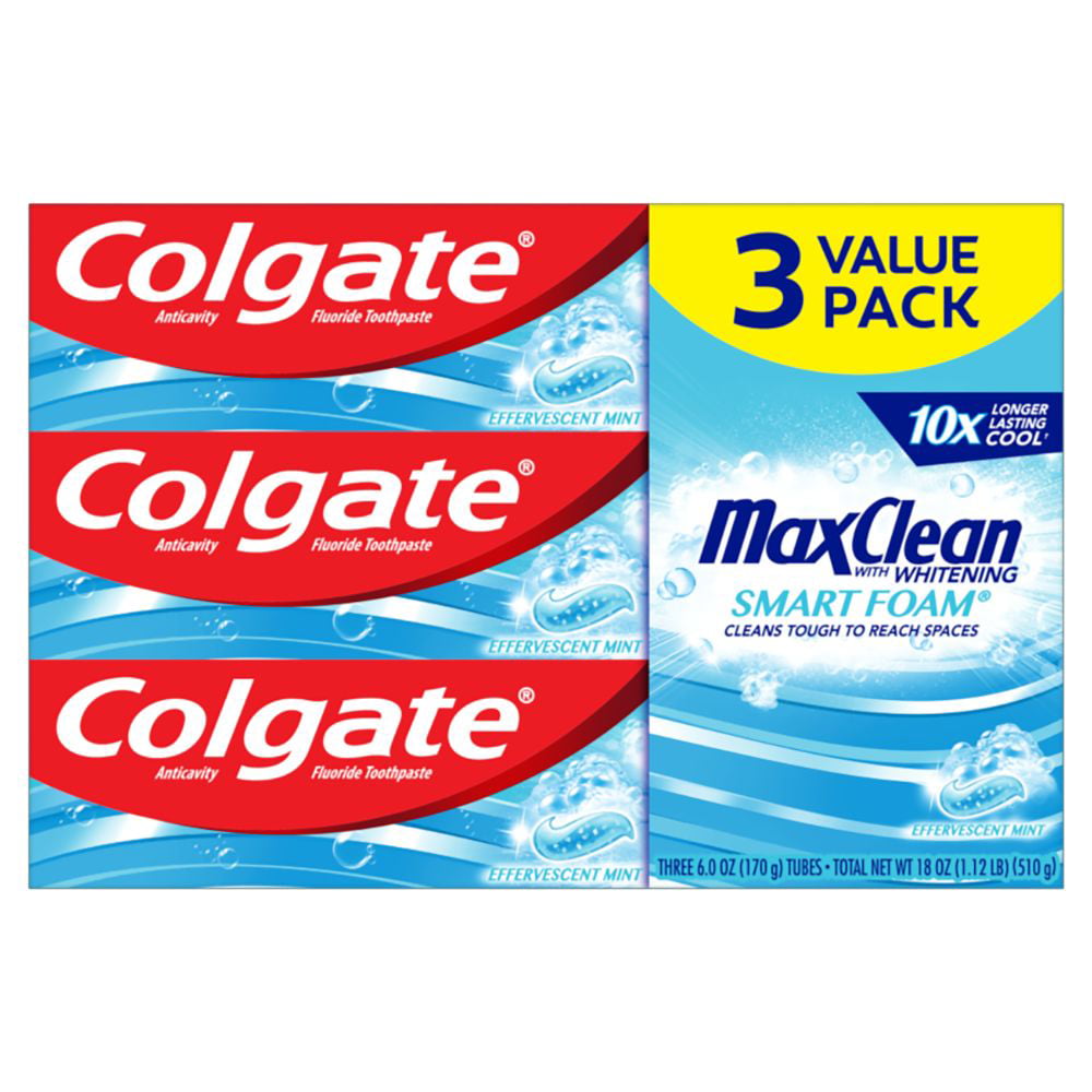 Colgate Max Clean Smart Foam w/Whitening Toothpaste, Effervescent Mint, (3pk./6.3oz.)