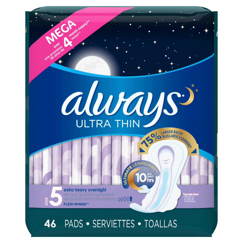 Always Ultra Thin Overnight Pads w/Wings, Unscented, Size 5 (46ct.)