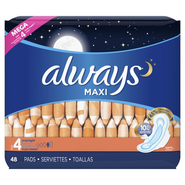 Always Maxi Overnight Pads w/Wings, Unscented, Size 4 (48ct.)