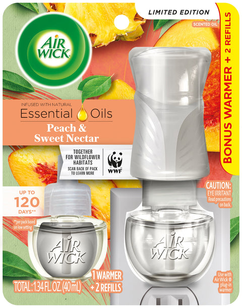 Air Wick Plug in Scented Oil Starter Kit (Warmer + 2 Refills), Peach & Sweet Nectar