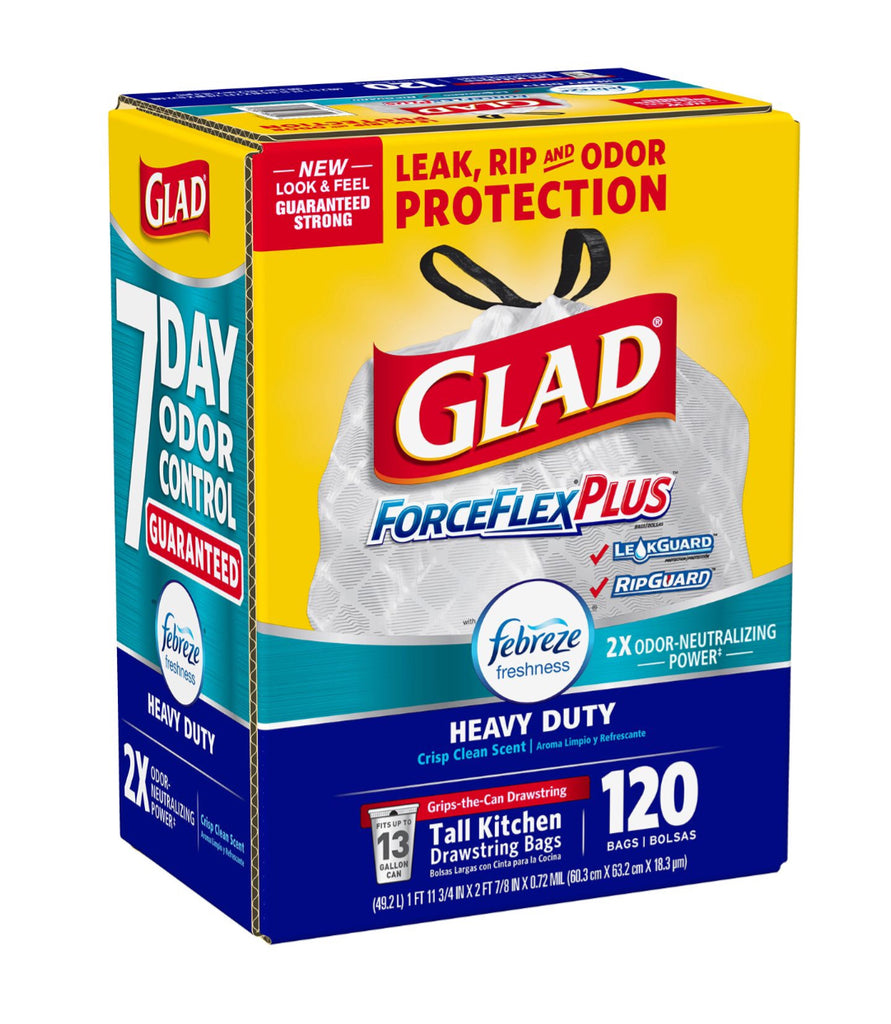 Glad ForceFlexPlus Tall Kitchen Drawstring Bags – 13 Gallon, 120 Count, White, Heavy Duty