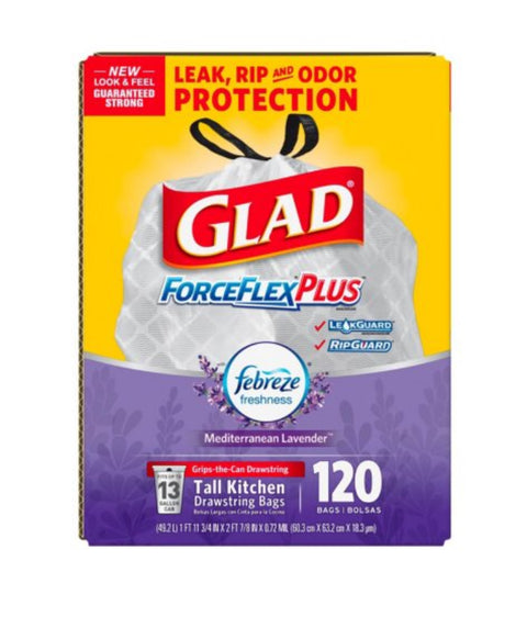 Glad ForceFlexPlus Tall Kitchen Drawstring Trash Bags, Various Scents (13 Gal.,120 Ct.)
