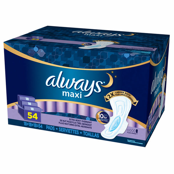 Always Extra-Heavy Overnight Maxi Pads with Flexi-Wings, (54ct.)