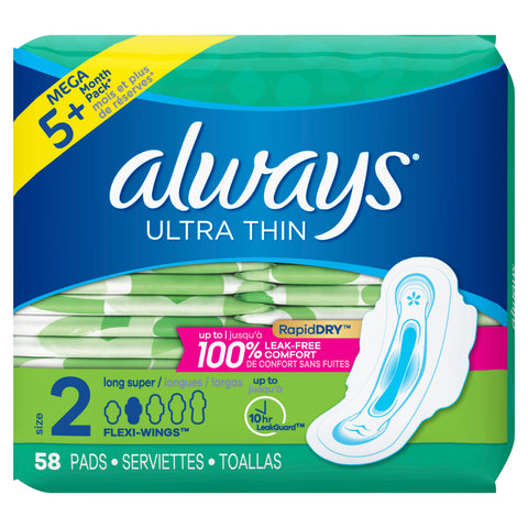 Always Ultra Thin Super Pads w/Wings, Unscented, Size 2 (58ct.)