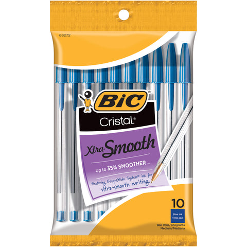 BIC Cristal Xtra Smooth Ball Pen, Medium Point (1.0mm), Blue, 10ct.