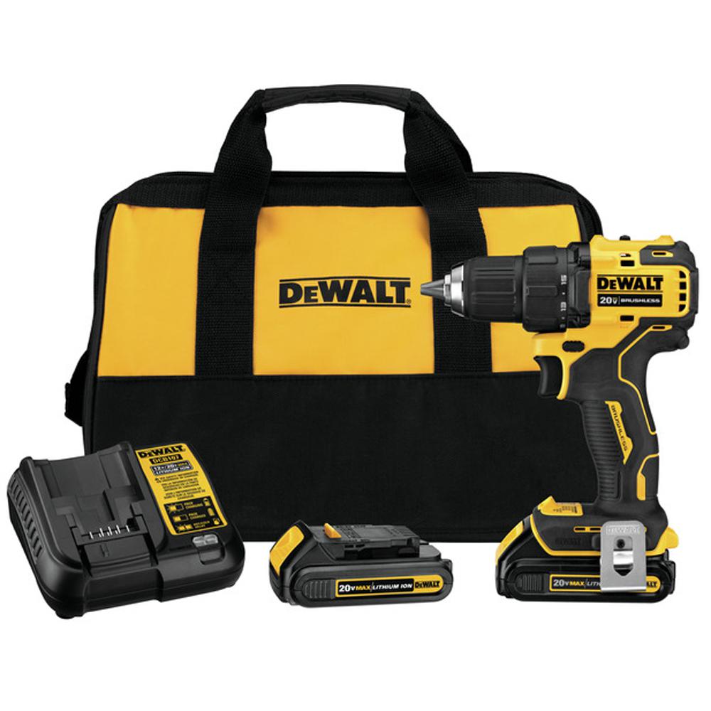 DEWALT ATOMIC 20-Volt MAX Lithium-Ion Brushless Cordless Compact 1/2 in. Drill Driver w/ (2) Batteries 1.3Ah, Charger & Bag