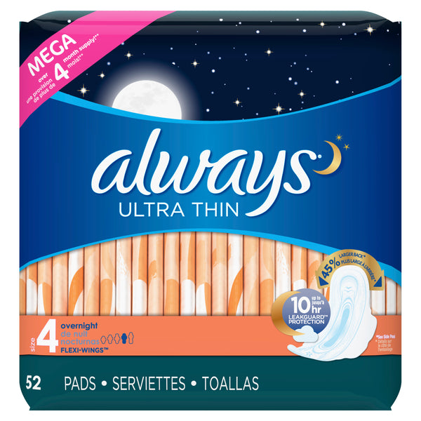Always Ultra Thin Overnight Pads w/Wings, Unscented, Size 4 (52ct.)
