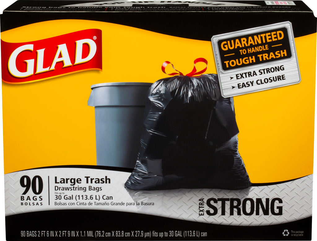 Glad 30-gal. Black Drawstring Plastic Trash Bags, Black (90ct)