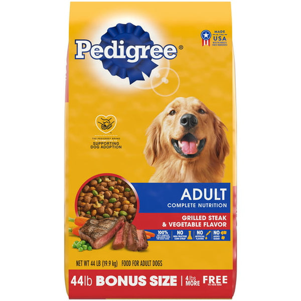 Pedigree Adult Complete Nutrition Dry Dog Food, Grilled Steak & Vegetable Flavor, (44lb)