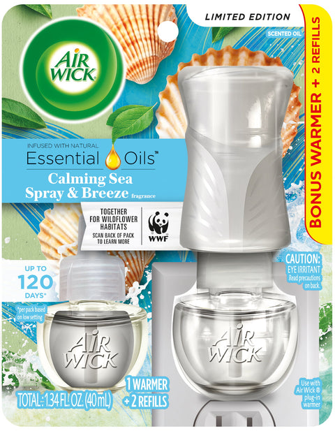 Air Wick Plug in Scented Oil Starter Kit (Warmer + 2 Refills), Calming Sea Spray & Breeze
