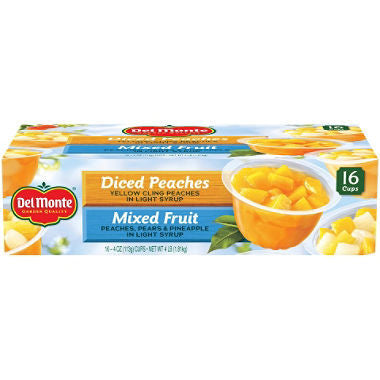 Del Monte Fruit Cup Snacks Diced Peaches, Mixed Fruit (16ct./ 4oz.)