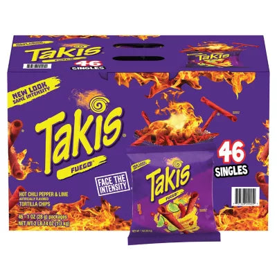 Takis Fuego Hot Chili Pepper and Lime Tortilla Chips, (46 pk./1 oz.)