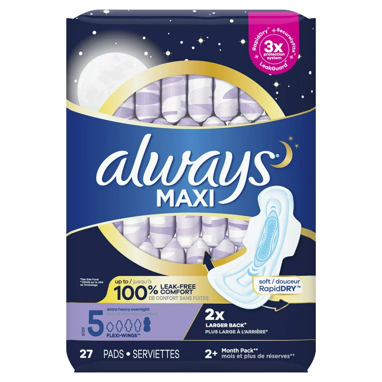 Always Extra-Heavy Overnight Maxi Pads with Flexi-Wings, (27ct.)