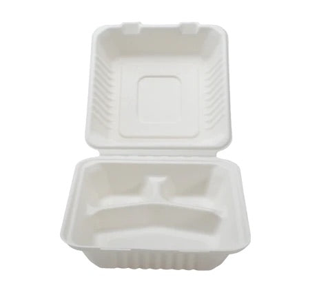 Paper Hinged Food Container, 3- Compartment, (8” x 8”)