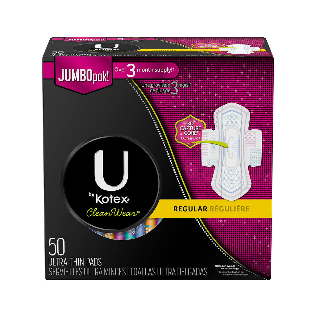 U by Kotex CleanWear Ultra Thin Regular Pads with Wings, Unscented (50 ct.)